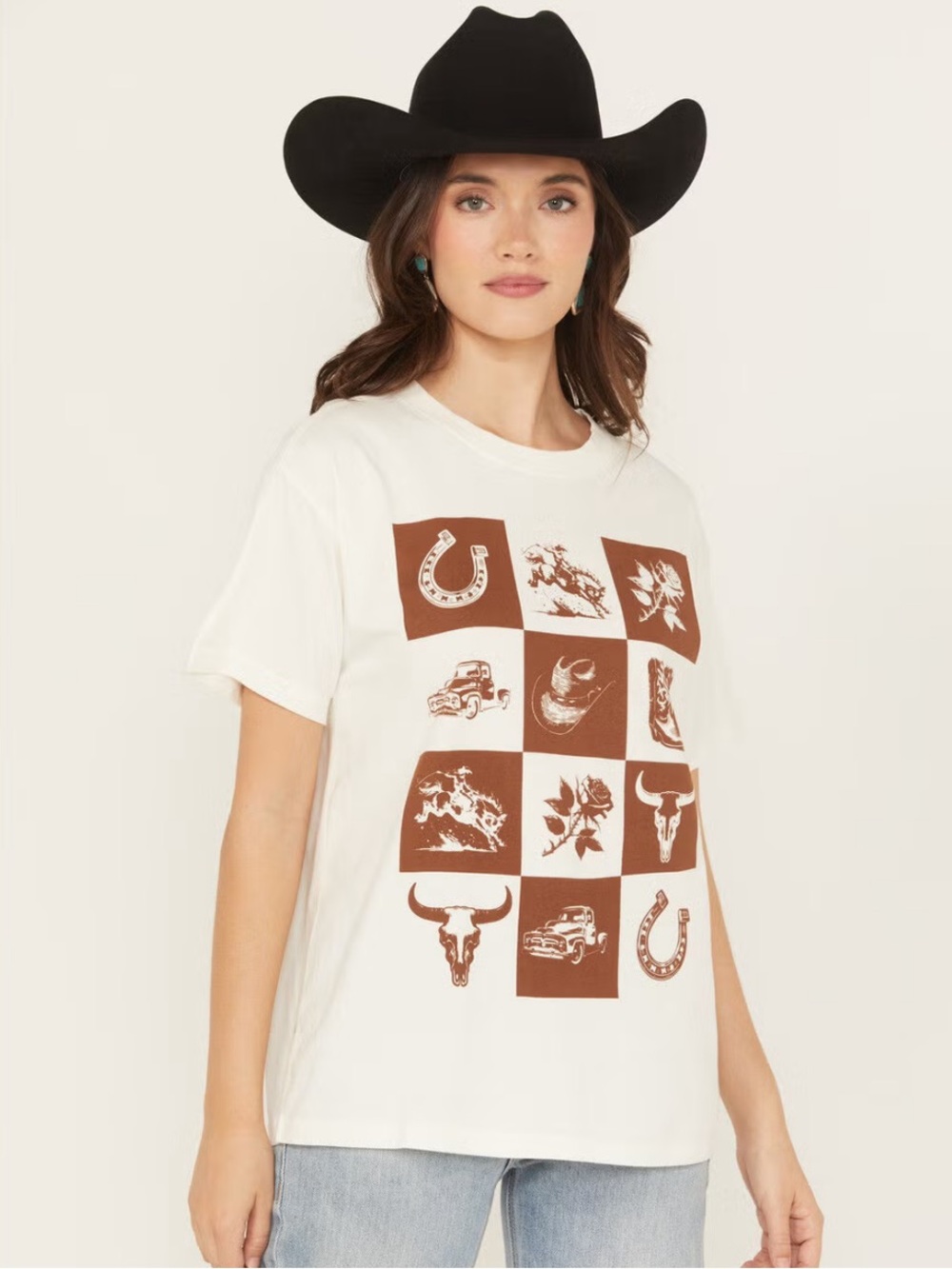 Shyanne Ivory Western Checkerboard Cowboy Short Sleeve Graphic Cotton Tee sz L